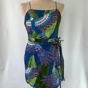 MRSP$175 Farm Rio Blue Macaw Sz Large Tropical Linen Mini Dress Spaghetti Strap